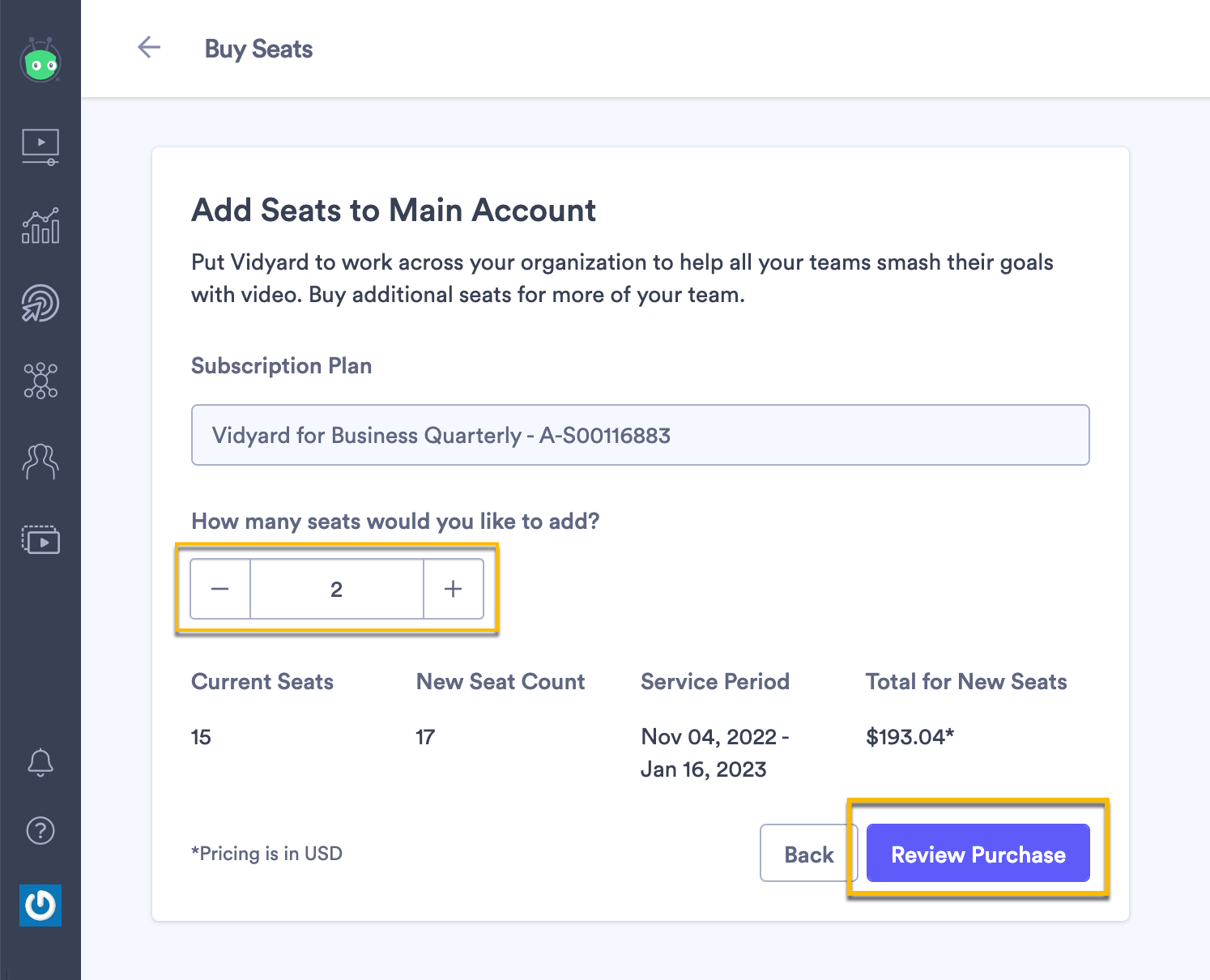 Purchase page that allows user to select how many seats they'd like to purchase