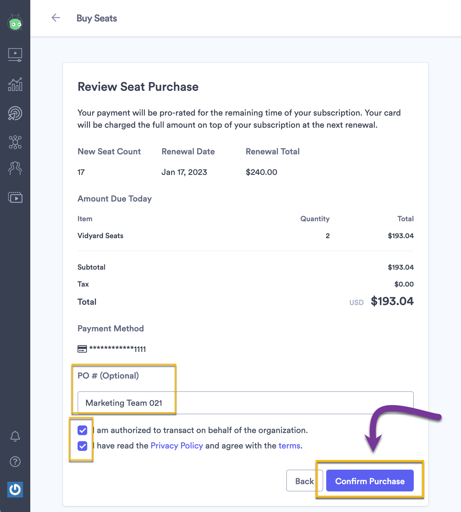 Purchase breakdown that shows user total owed before confirming purchase