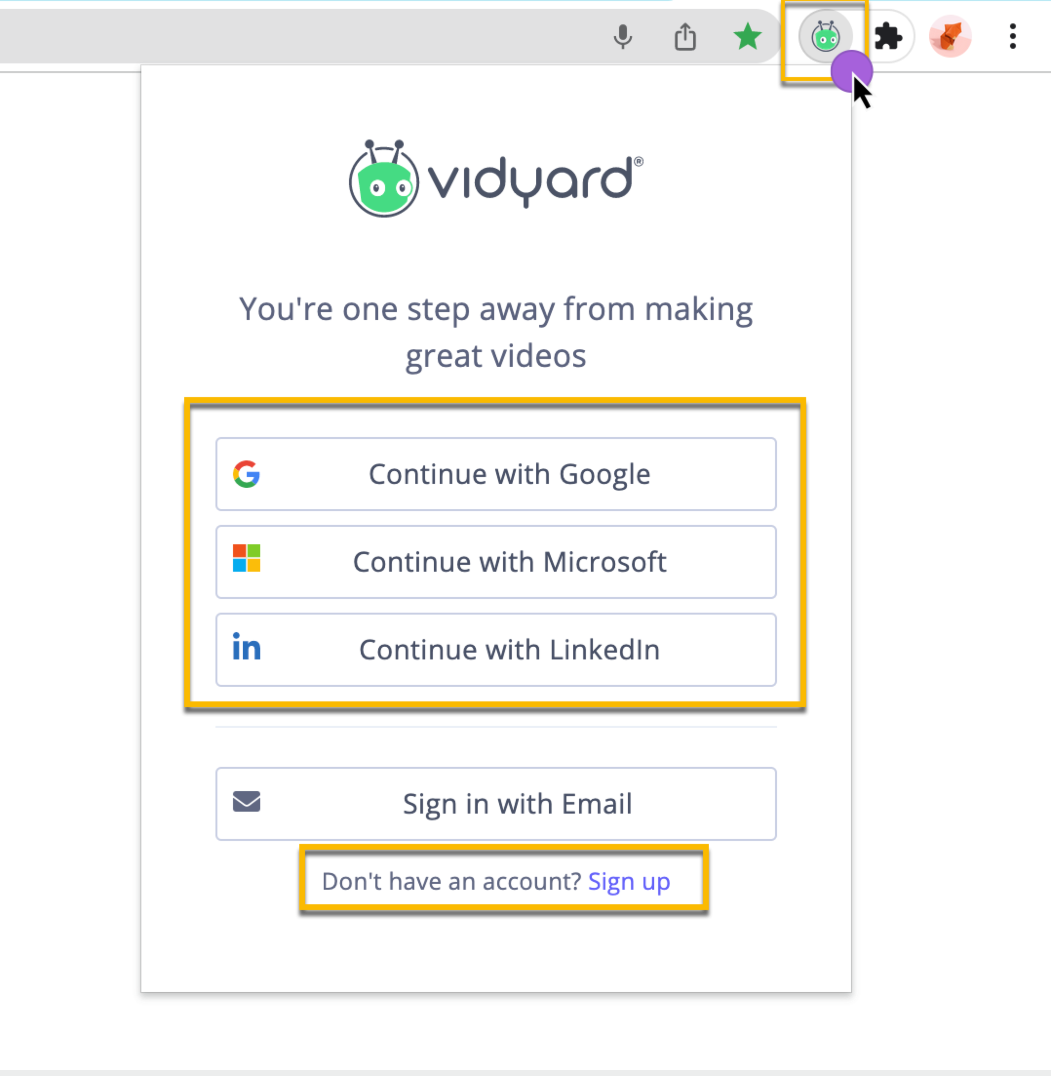 Selecting an option to sign in to Vidyard or create a new account