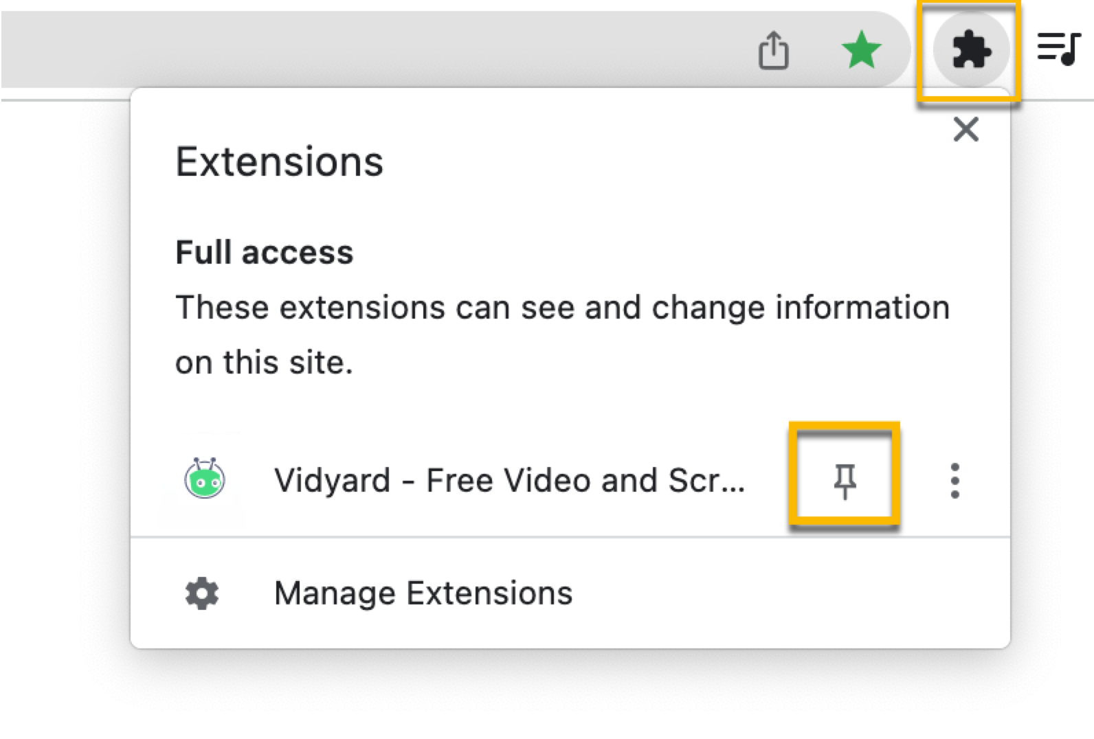 In Chrome, pinning the Vidyard icon to your browser's toolbar