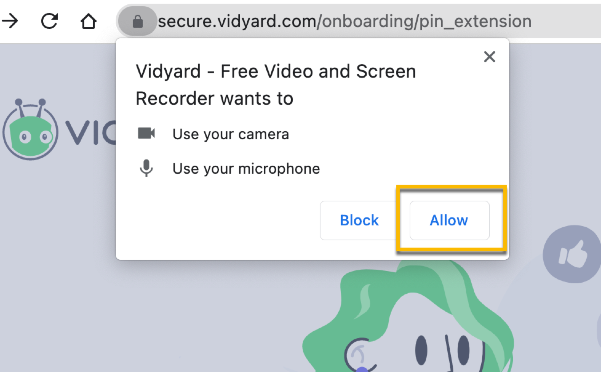 Popup allowing you to enable camera and microphone permissions for Vidyard in Chrome