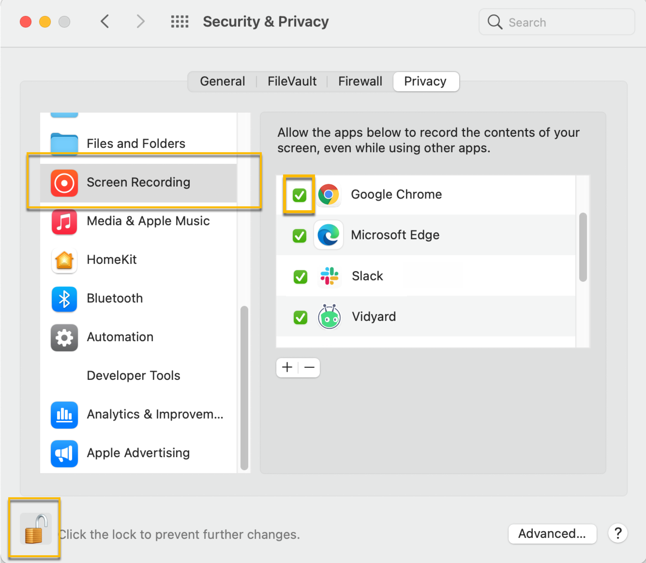 Mac Security and privacy screen with screen recording permissions checked for Chrome and Edge