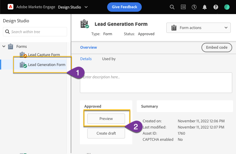 Marketo Form list with form selected and form Preview button highlighted