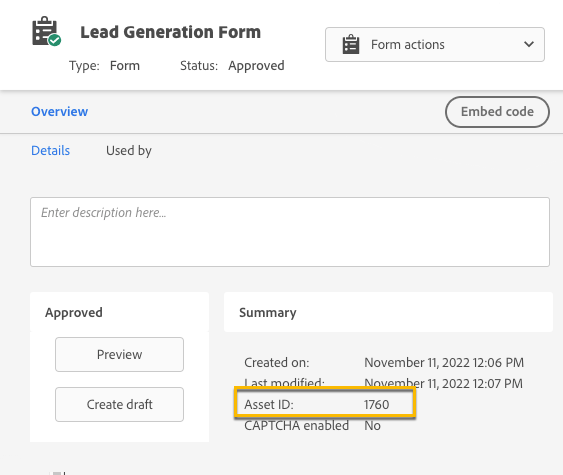 A form's Asset ID (form ID) on the form's main page in Marketo