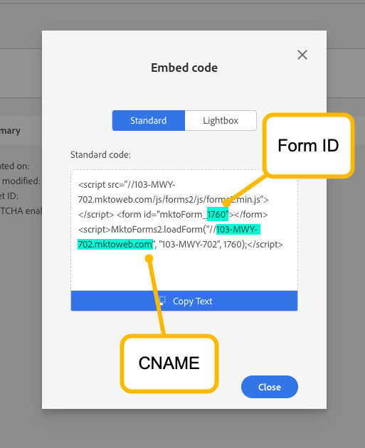 Obtaining the CNAME and form ID from a form's embed code in Marketo