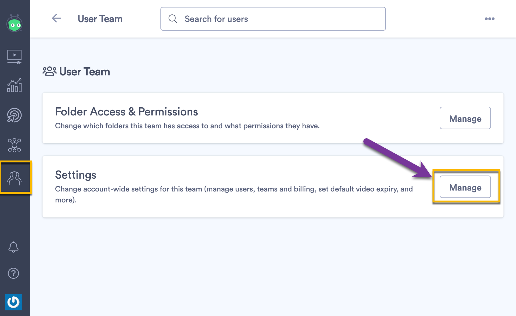 Selecting the manage button to change account-wide permissions in Team Settings