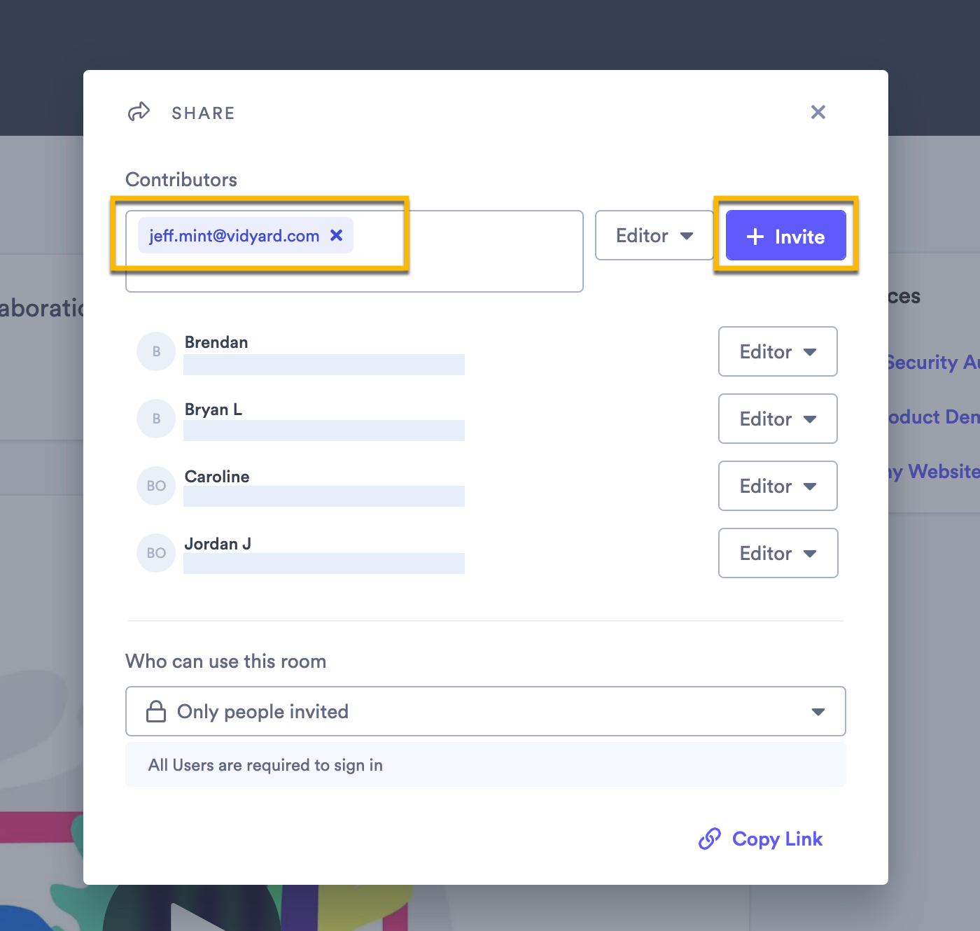 Adding a new contributor and selecting their role before inviting them to the Room