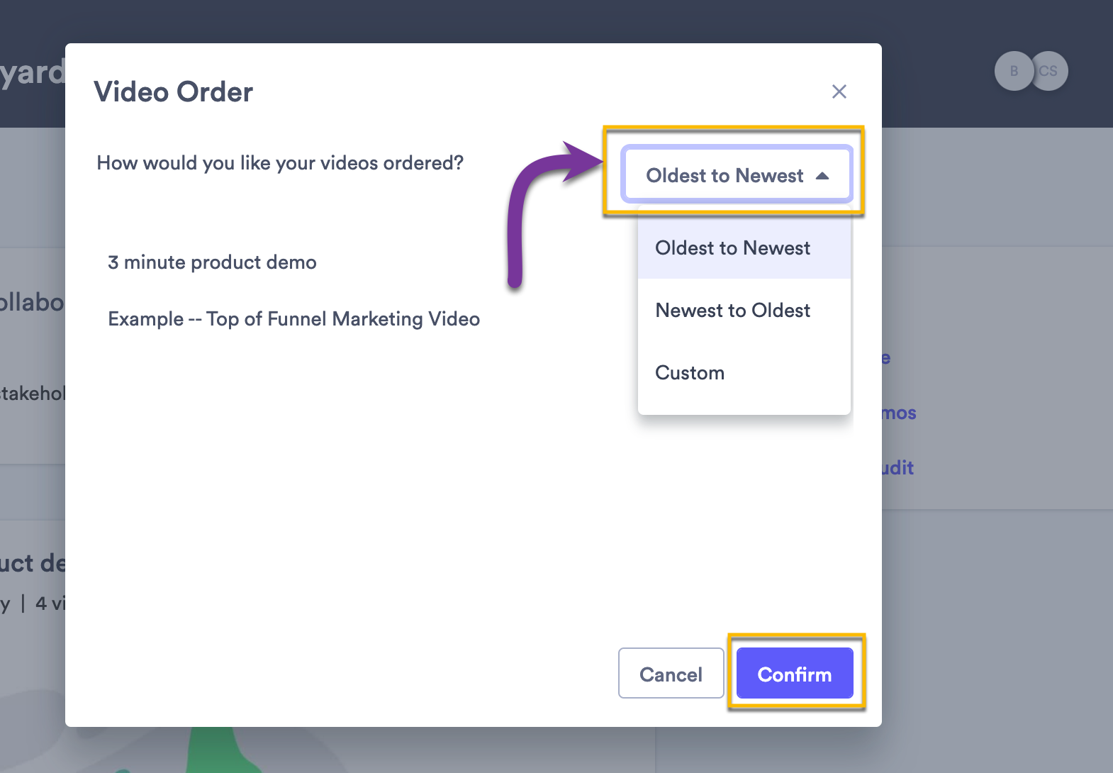 Opening the sorting dropdown menu to select how you want to order your videos in the Room
