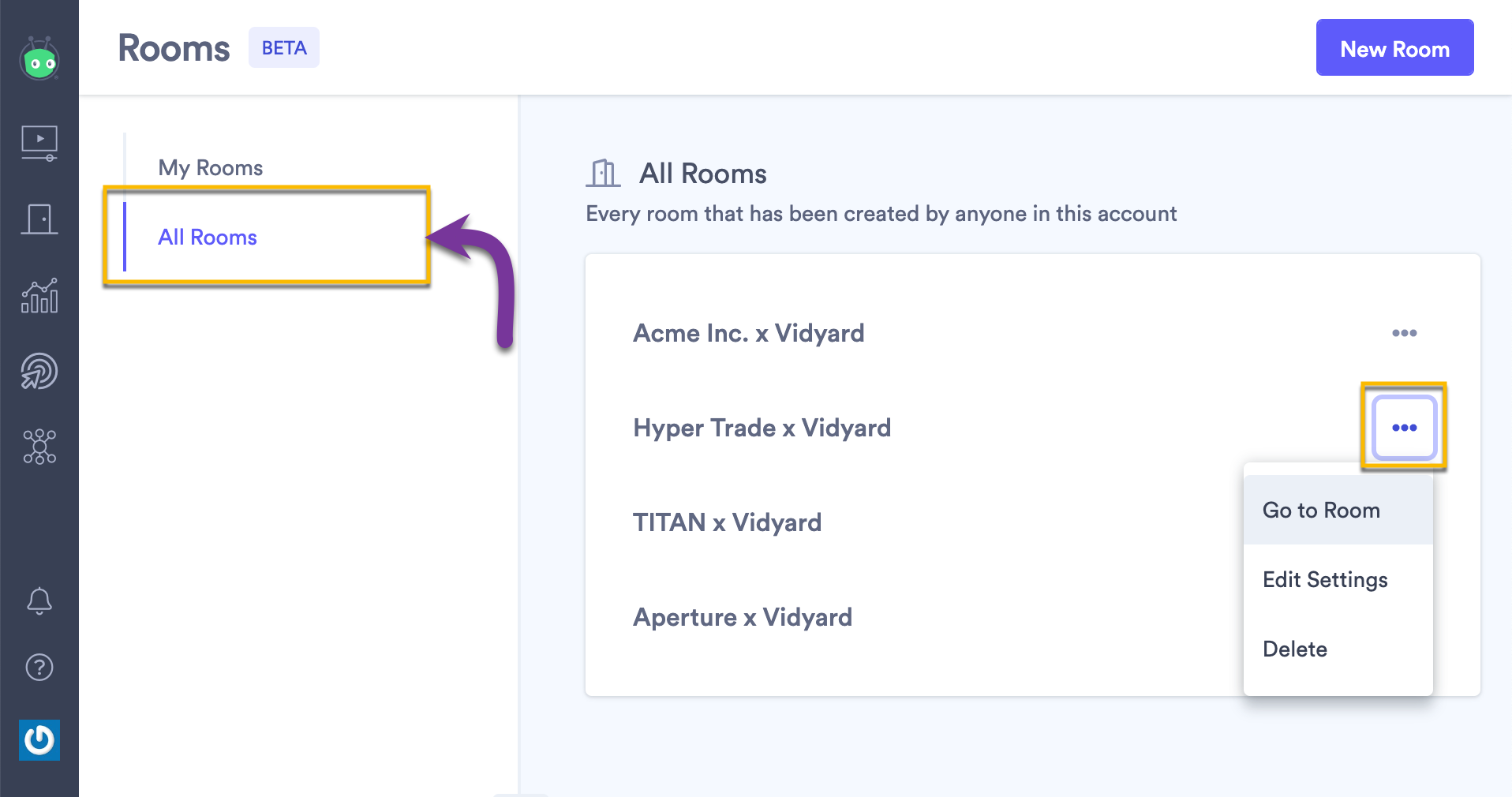 In your Rooms library, selecting 'All Rooms' to join and edit Rooms that team members' your created