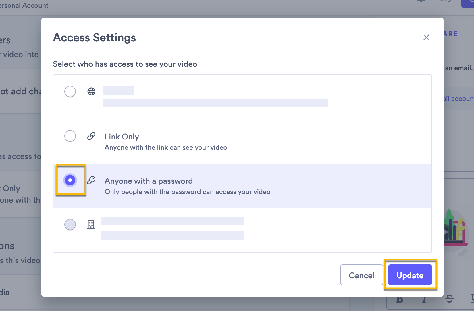 Selecting a new access setting for your video
