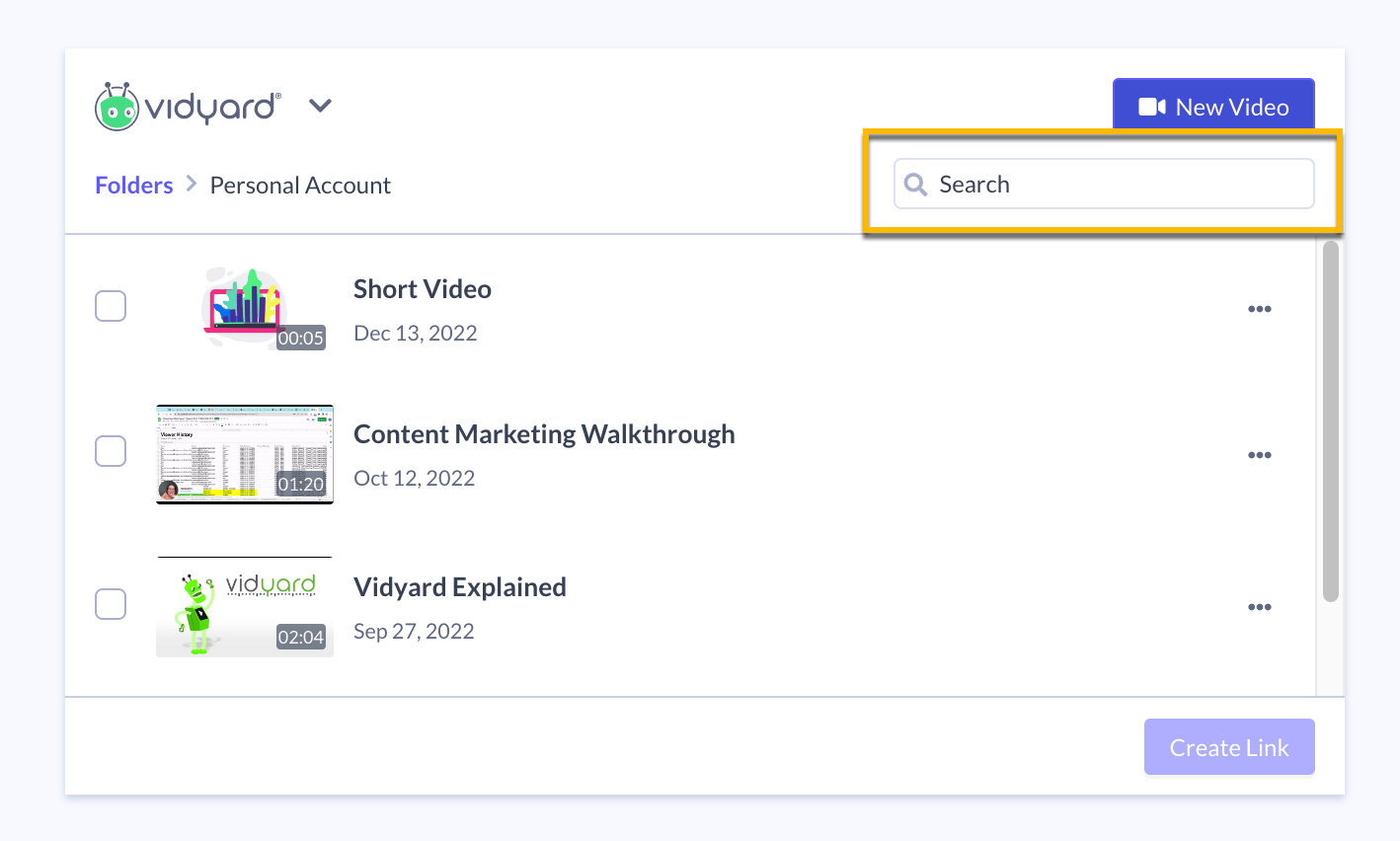 Using the search bar in the Vidyard app for Gmail to find a video