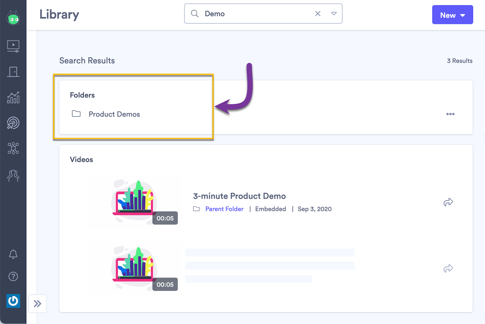 Using Vidyard's search feature to find specific folders