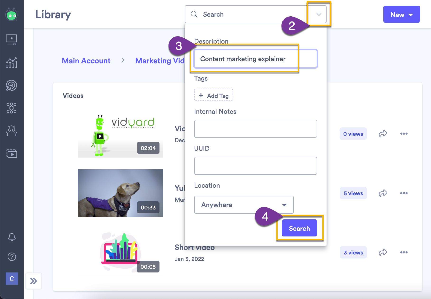 Using advanced criteria to search for a video by description