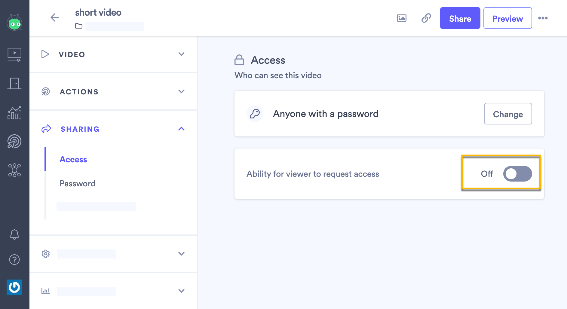 Selecting the option to allow viewers to request access to the video, if they do not have a password