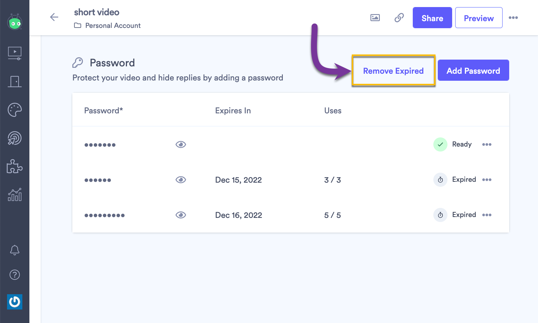 On the video edit page, selecting the Remove Expired button to delete all expired passwords from the video