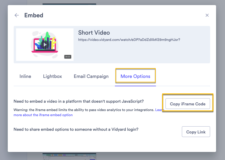 Accessing the iframe code from available embedding options