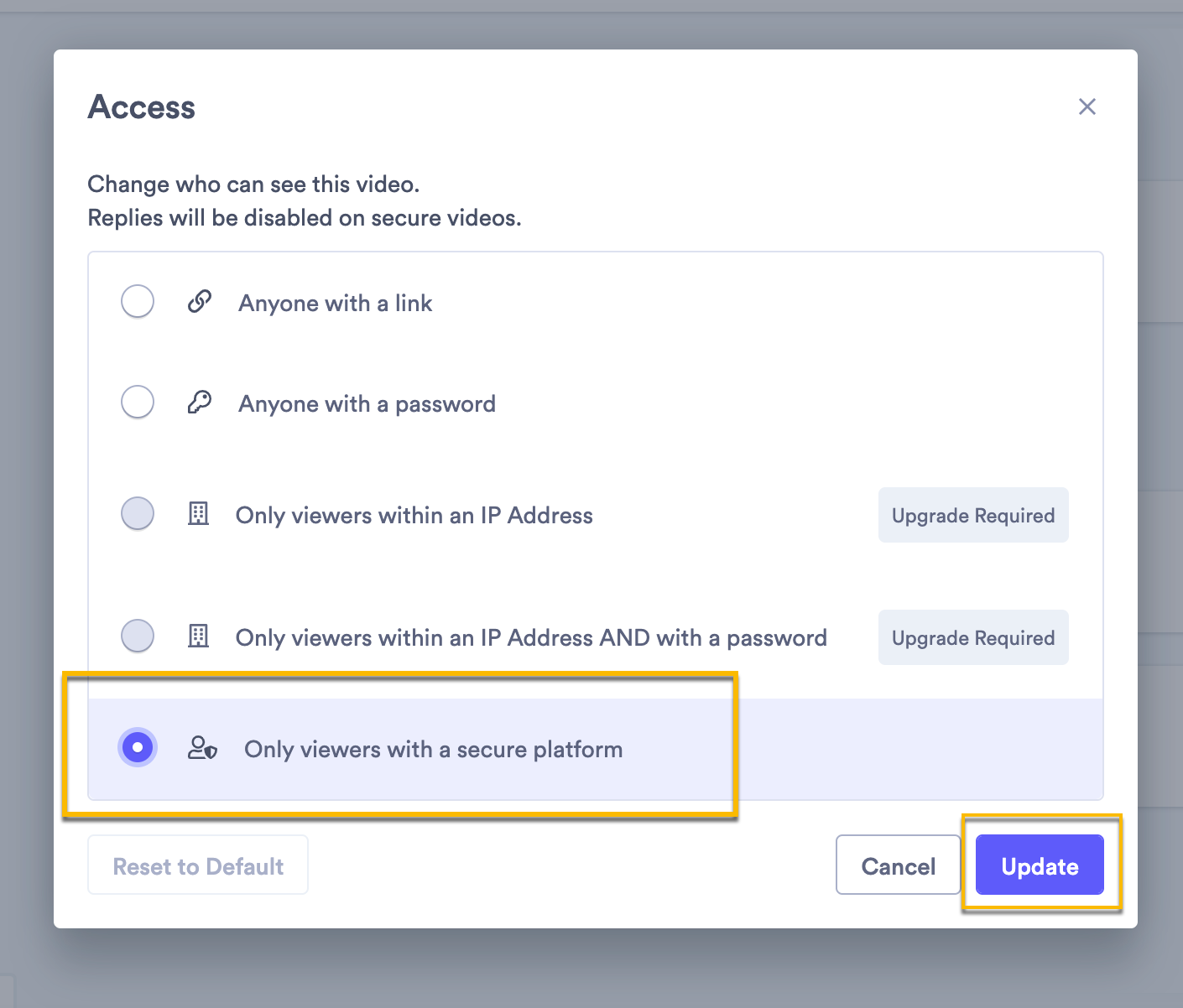 Video access settings set to only allow viewers with a secure platform to play a video