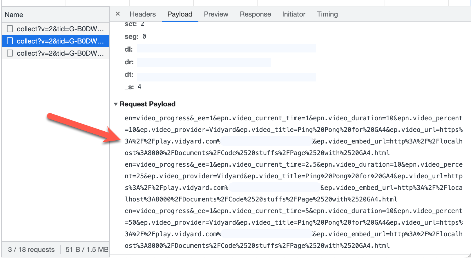 Looking at batched video event data being passed to GA in your browser's developer tools