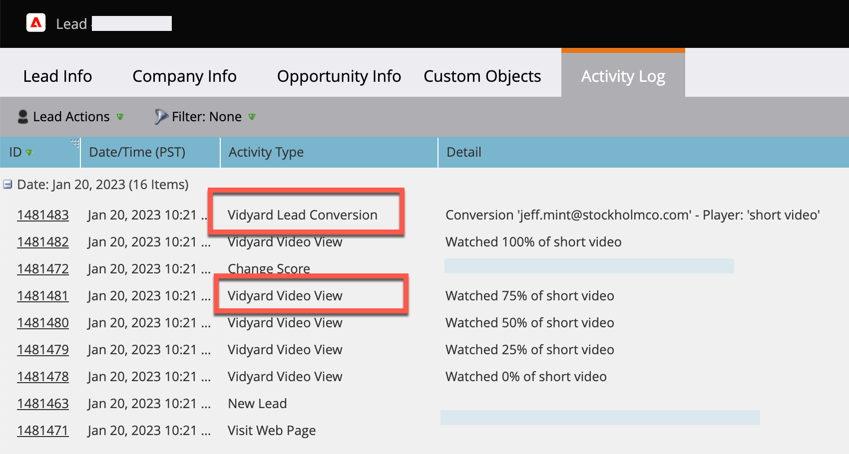 A lead's activity log in Marketo, demonstrating a Vidyard Video View and Vidyard Lead Converstion activity