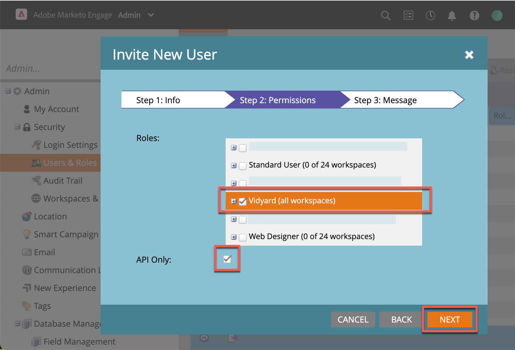 Selecting the new role that you created for the Vidyard integration, to give to the API-only user