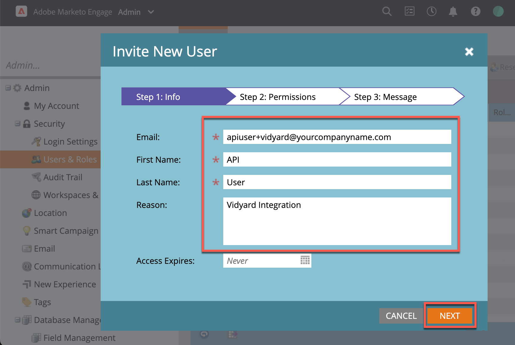 Giving the new API-only user an email address and name that indicates it's use for the Vidyard integration