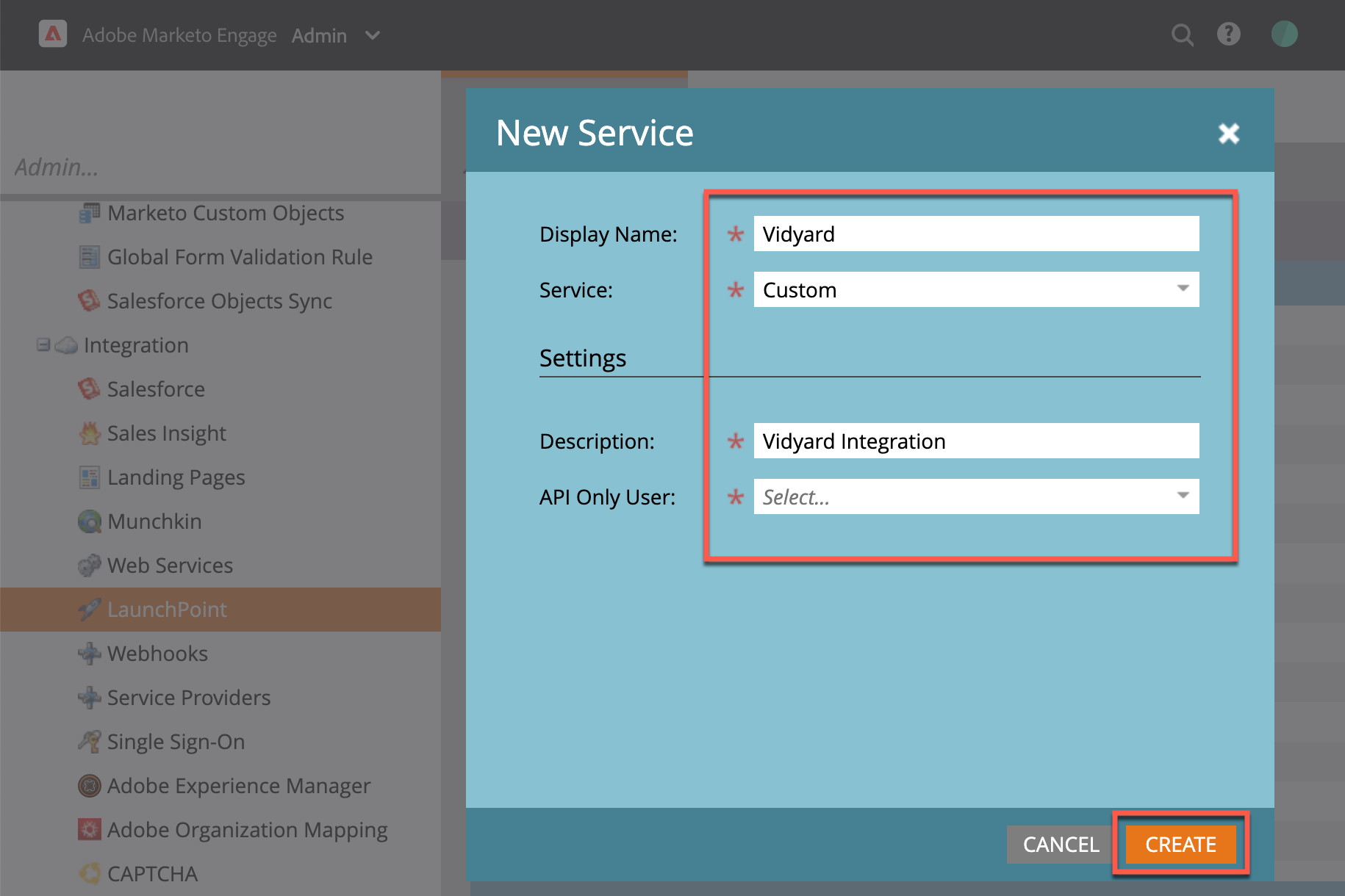 Giving you new LaunchPoint service a name and assigning to it the new API-only user created for the Vidyard integration