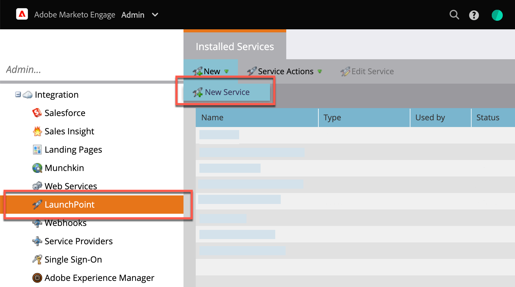 In the Marketo admin menu, creating a new LaunchPoint service for the Vidyard integration