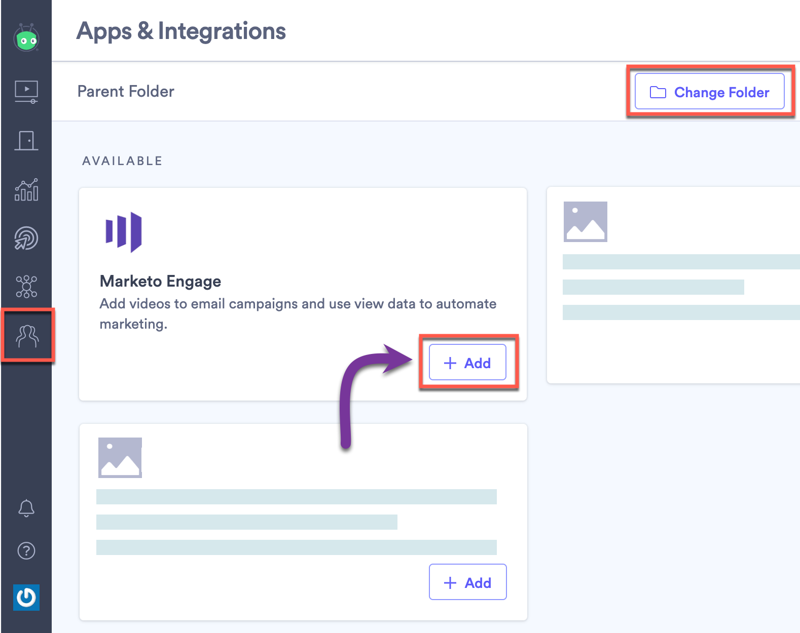 From the integrations page in Vidyard, selecting the Add button nex to the Marketo Engage tile