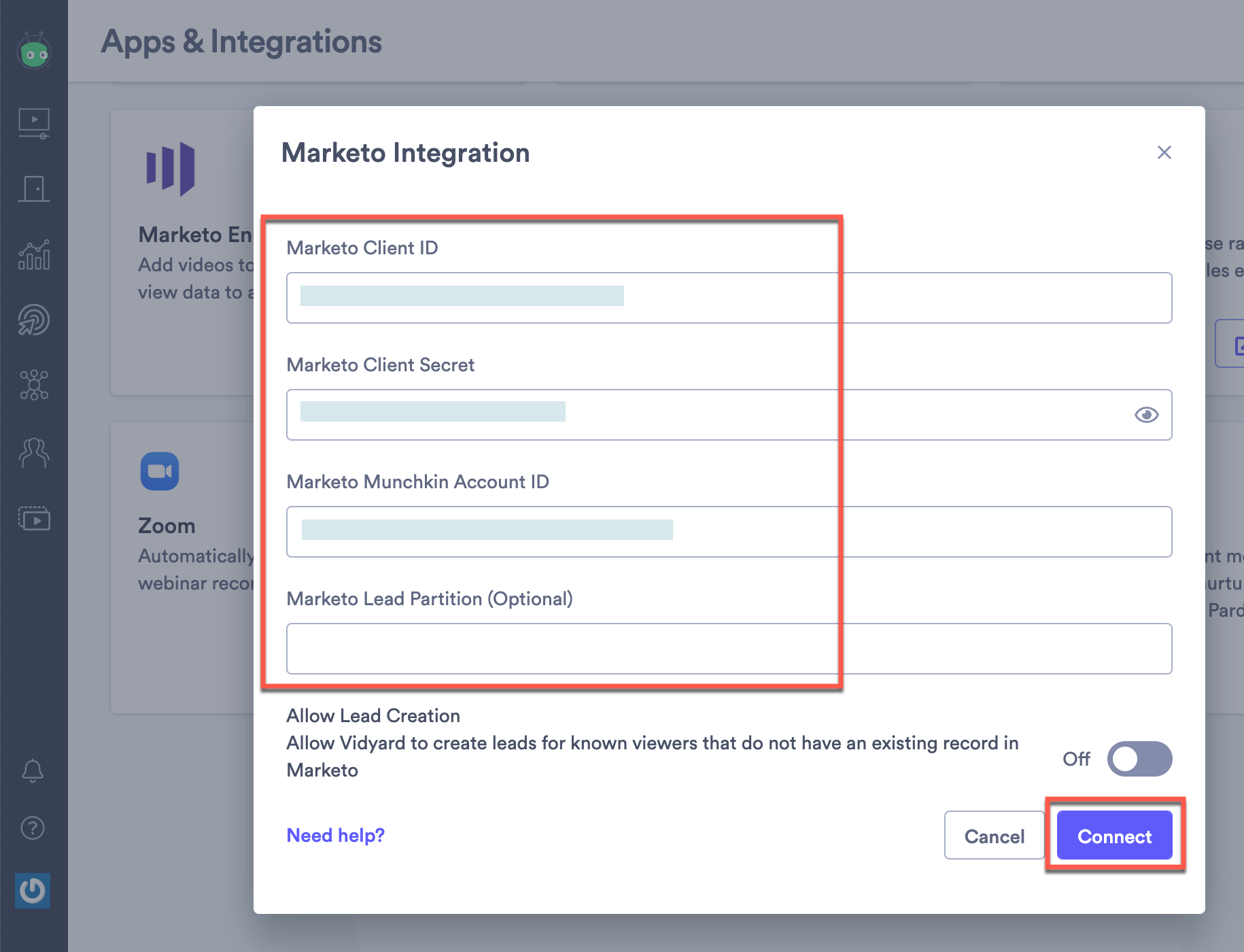 To establish the OAuth connection between Marketo and Vidyard, entering your client ID, secret and Munchkin account ID