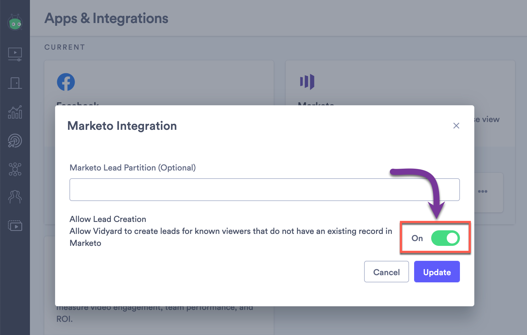 Enabling the setting toggle ot allow Vidyard to create new leads