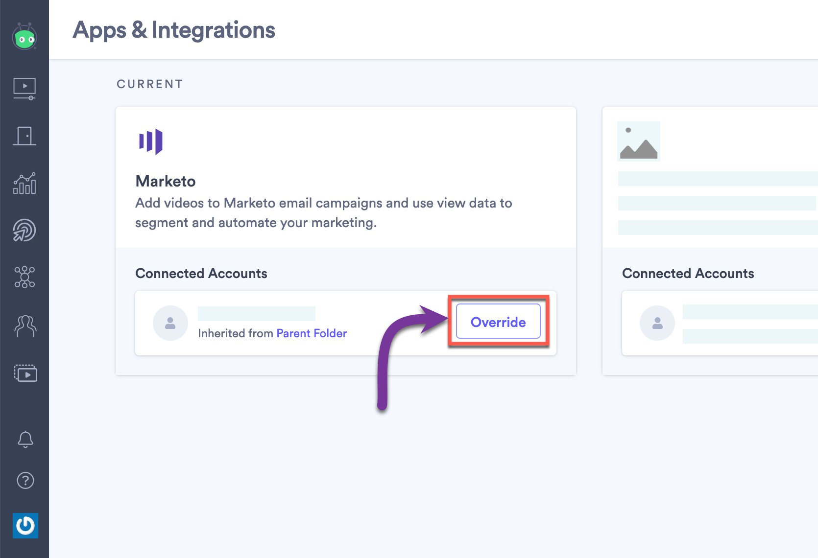 From the integrations page in Vidyard, indicating how you can use the Override button to connect a different Marketo workspace or partition to another folder