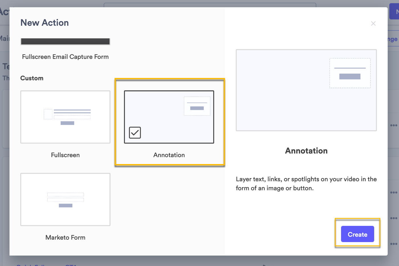 Selecting annotation from list of Actions