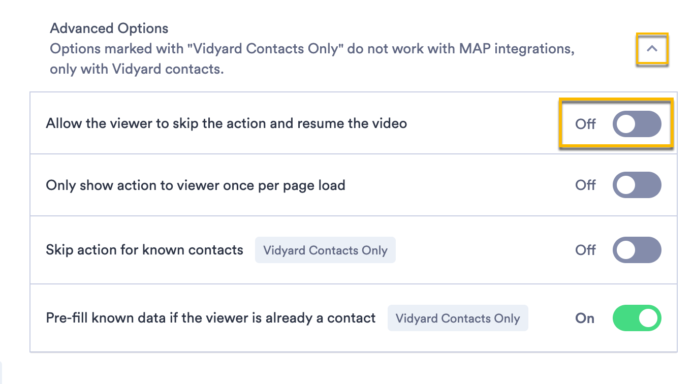 Toggle to allow viewer to skip Action turned off