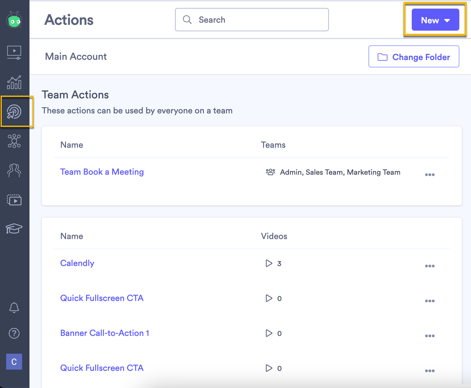 Library of Actions with New Action selected