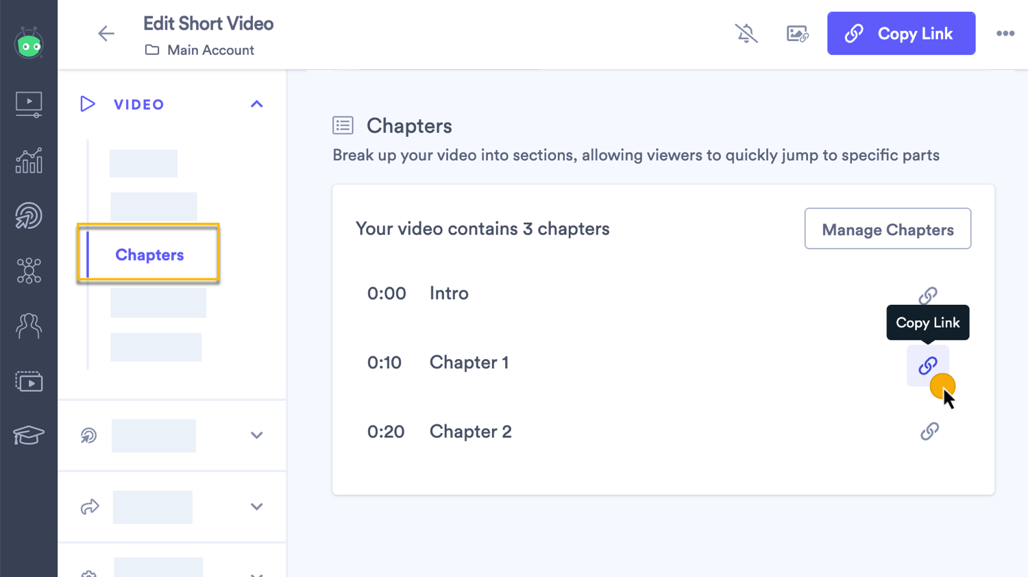 Chapter section of video edit page with a chapter's copy link button pressed