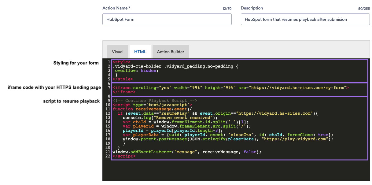 Vidyard action editor, demonstrating a complete example of the iframe code and playback script together