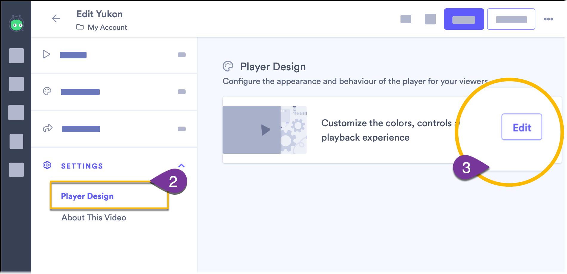 Selecting Edit to change the video's player design settings