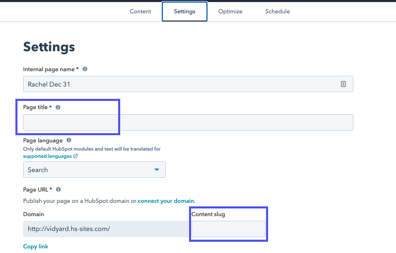 Set a page title and URL, then click Publish