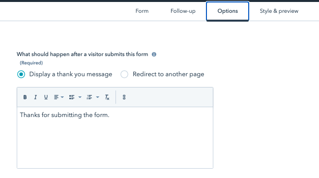 Click Options and then add a Thank You message.