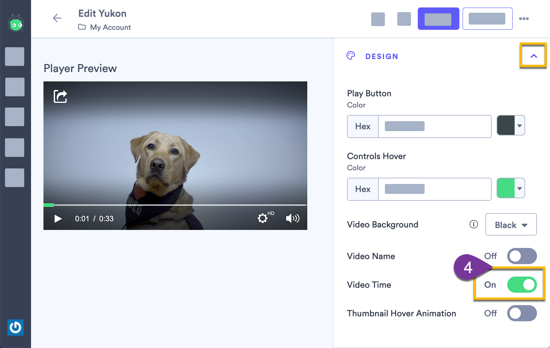 Switching the Video Time toggle setting to ON