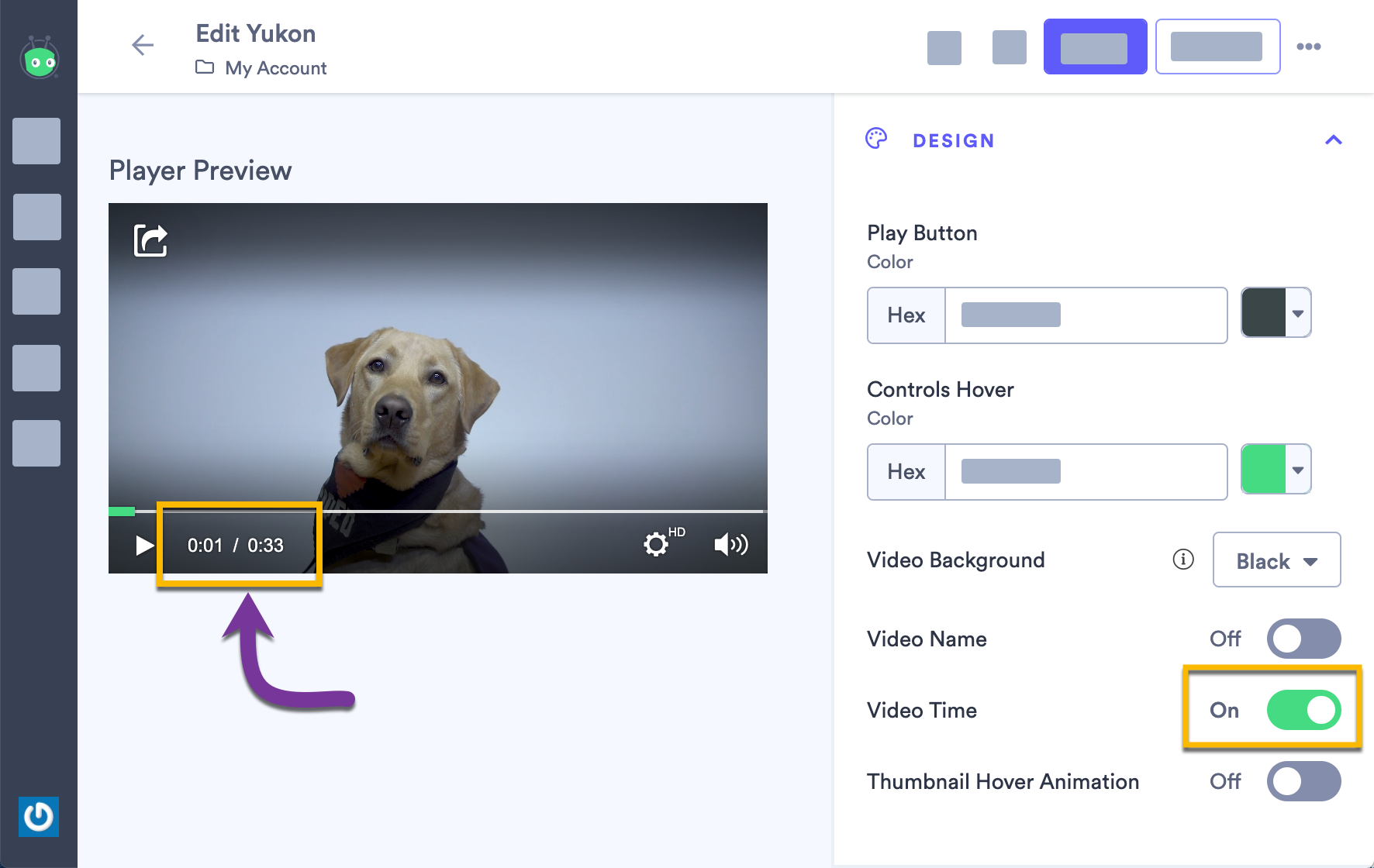 Selecting the Video Time settings to show viewers their current play time and the video's total length