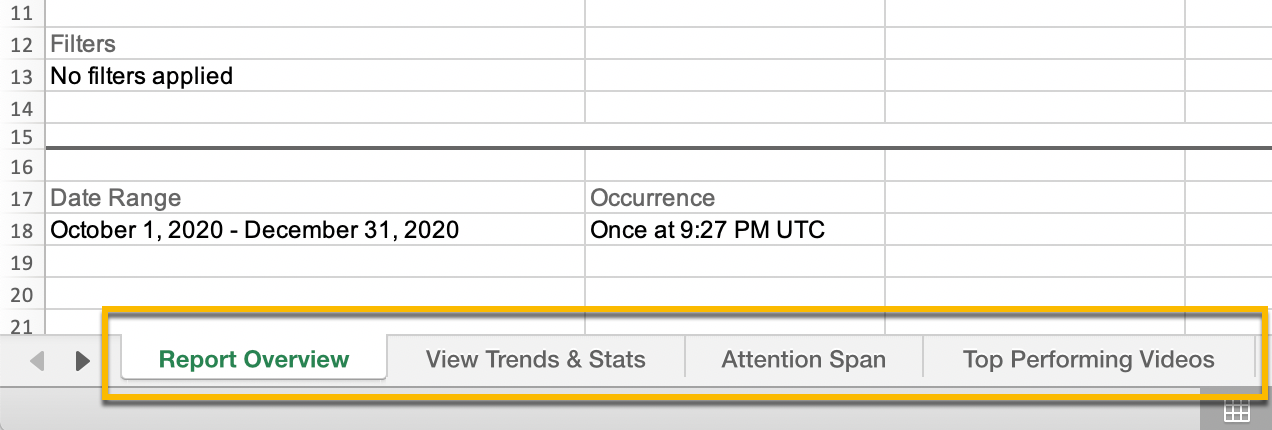 The tabs that you can click on in the excel file to look at each of the different sections of the report