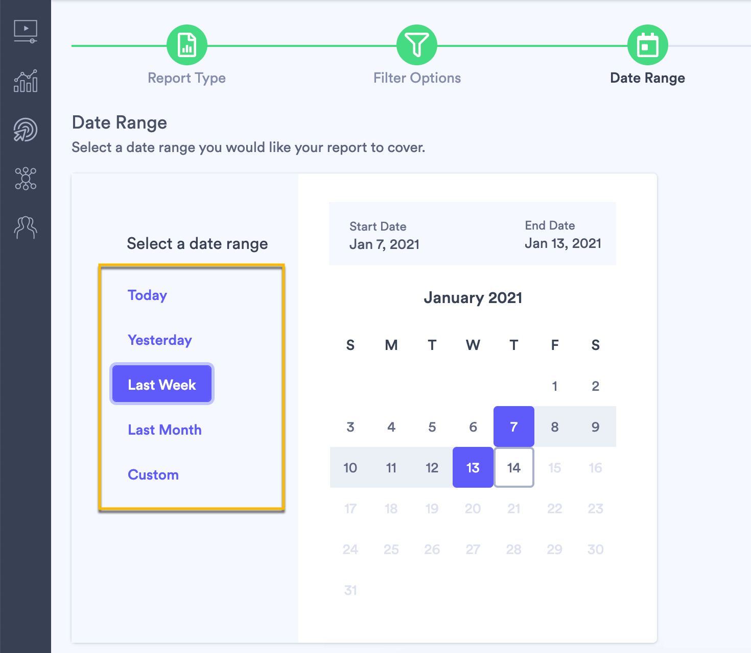 Selecting the date range that the report covers: today, yesterday, last week, last month, or a custom range
