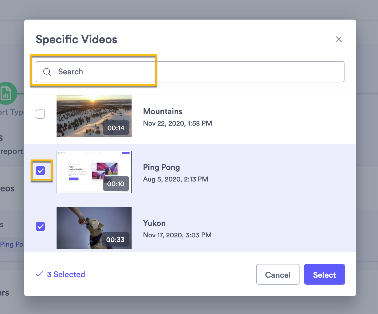 Selecting specific videos to filter the report data