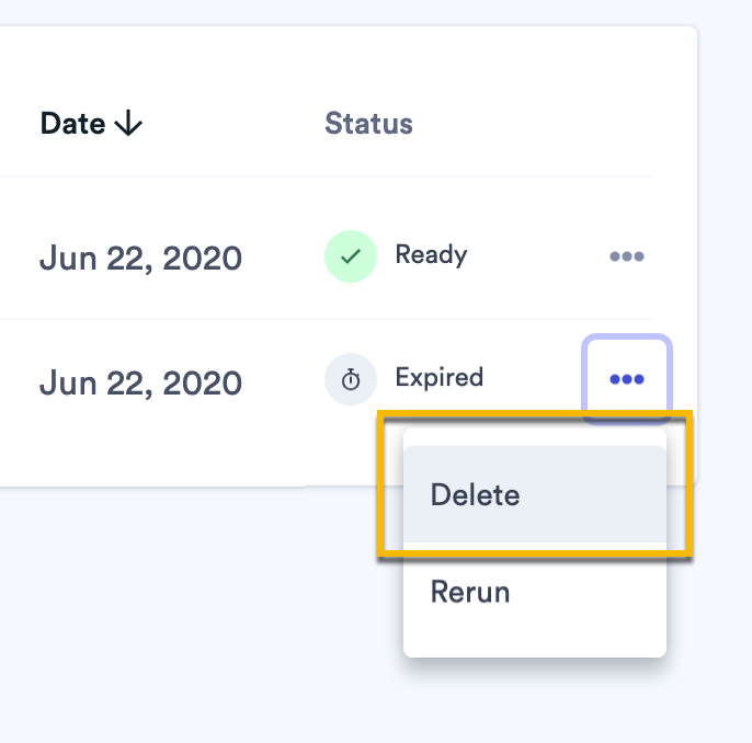 Opening the menu next to an existing report, then selecting Delete