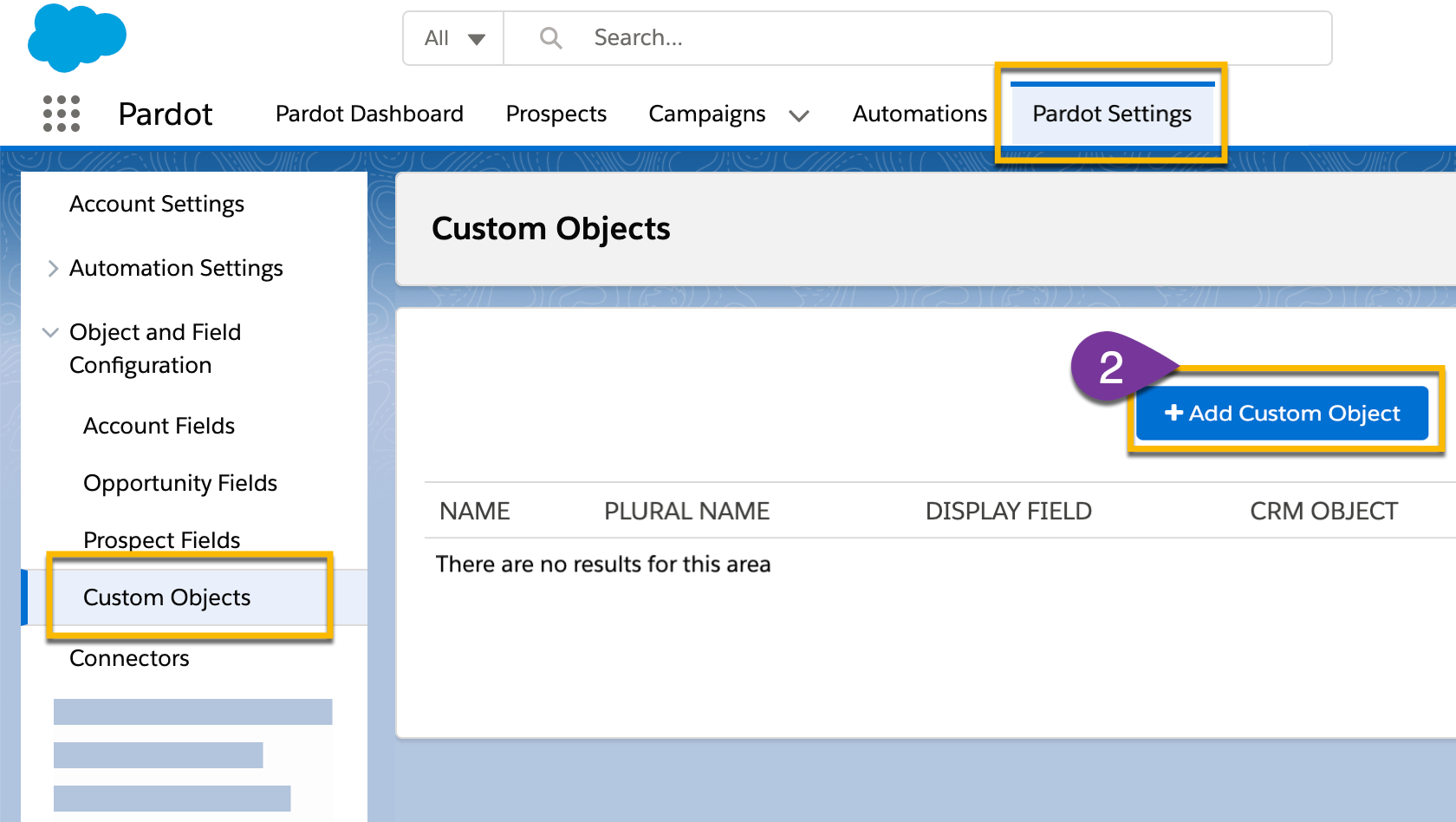In the settings for the Pardot Lightning App, adding a new Custom Object