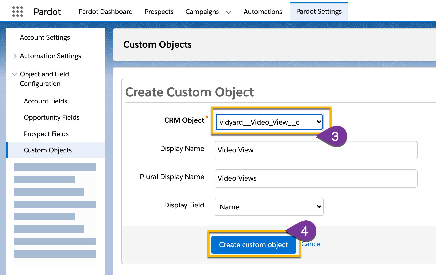 Selecting the Video View custom object from Vidyard's integration with Salesforce