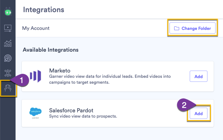 Selecting the Add button next to Pardot on the integration page in Vidyard