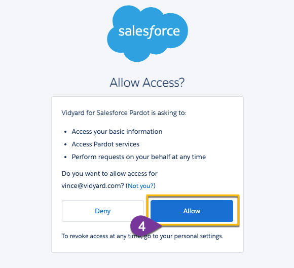 Reviewing and accepting the prompt to allow Vidyard to access your Pardot account