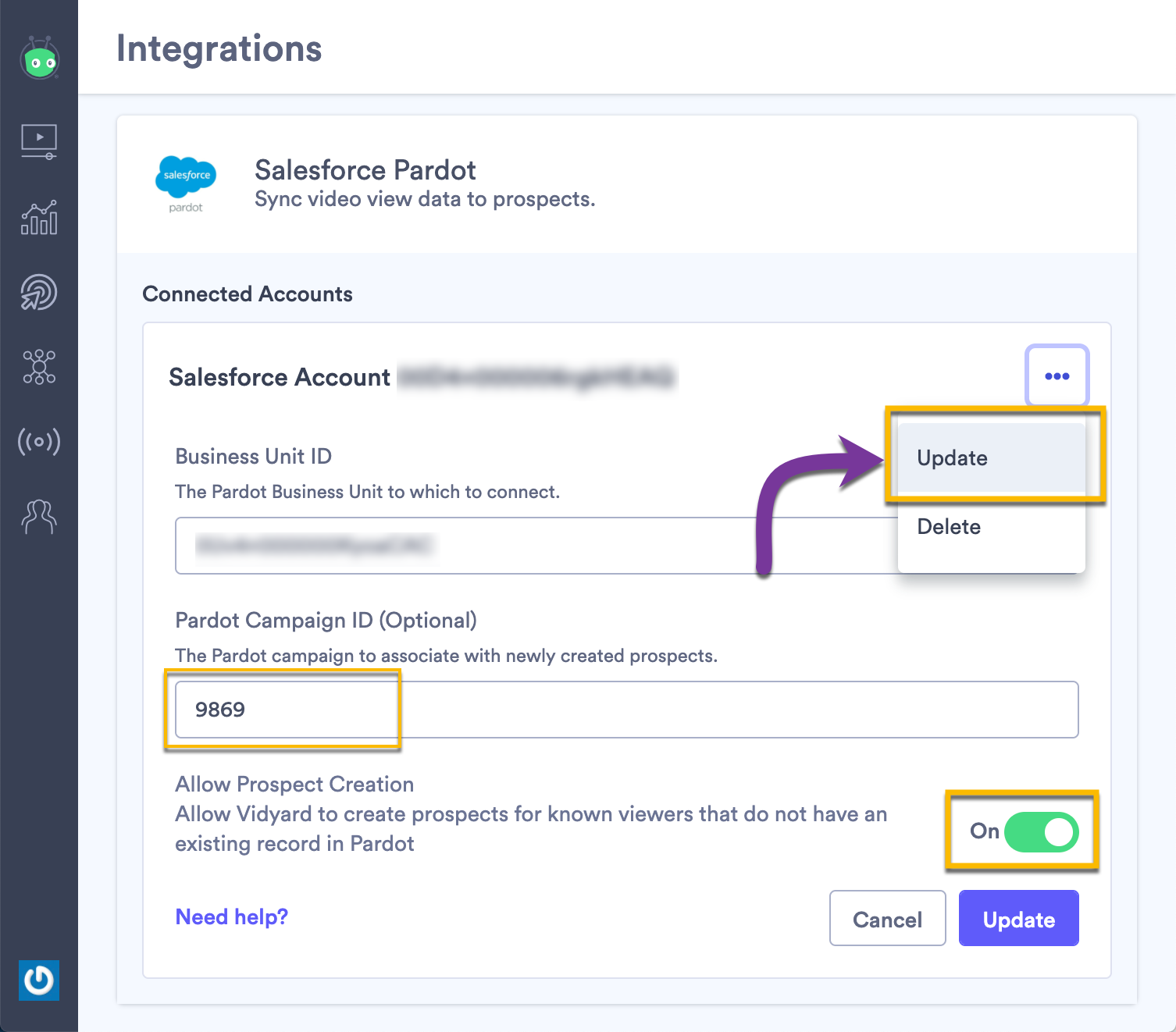 Opening the configuration menu for the Pardot integration in Vidyard to enable the prospect creation setting